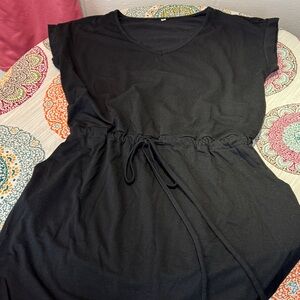 Black V-Neck Dress with Drawstring Waist